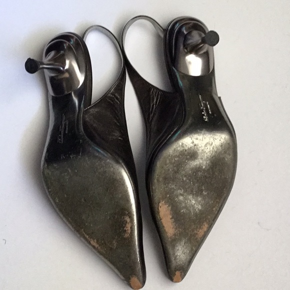 Salvatore Ferragamo 8-1/2 M Slingback Pewter Heels. Pointed toe. - Picture 2 of 7
